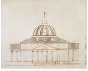 Proposed sketch for the President's house, elevation.  1792 By Thomas Jefferson, 1743-1826 Signed upper left corner: "A. Z." Later inscribed right upper edge: (almost totally removed by restoration) "Abraham Faws." Single sheet of creme paper with pricked guide points, pen and iron gall ink, scored guide lines and black ink washes.  Dimensions: 12 7/8 x 16 11/16 inches Donor: John Hazlehurst Boneval Latrobe. Museum Department