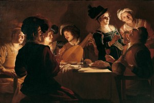 Gerrit van Honthorst - (Gherardo delle Notti) (Utrecht 1592 - 1656) Cena con suonatore di liuto 1619-1620 Olio su tela Firenze, Galleria degli Uffizi