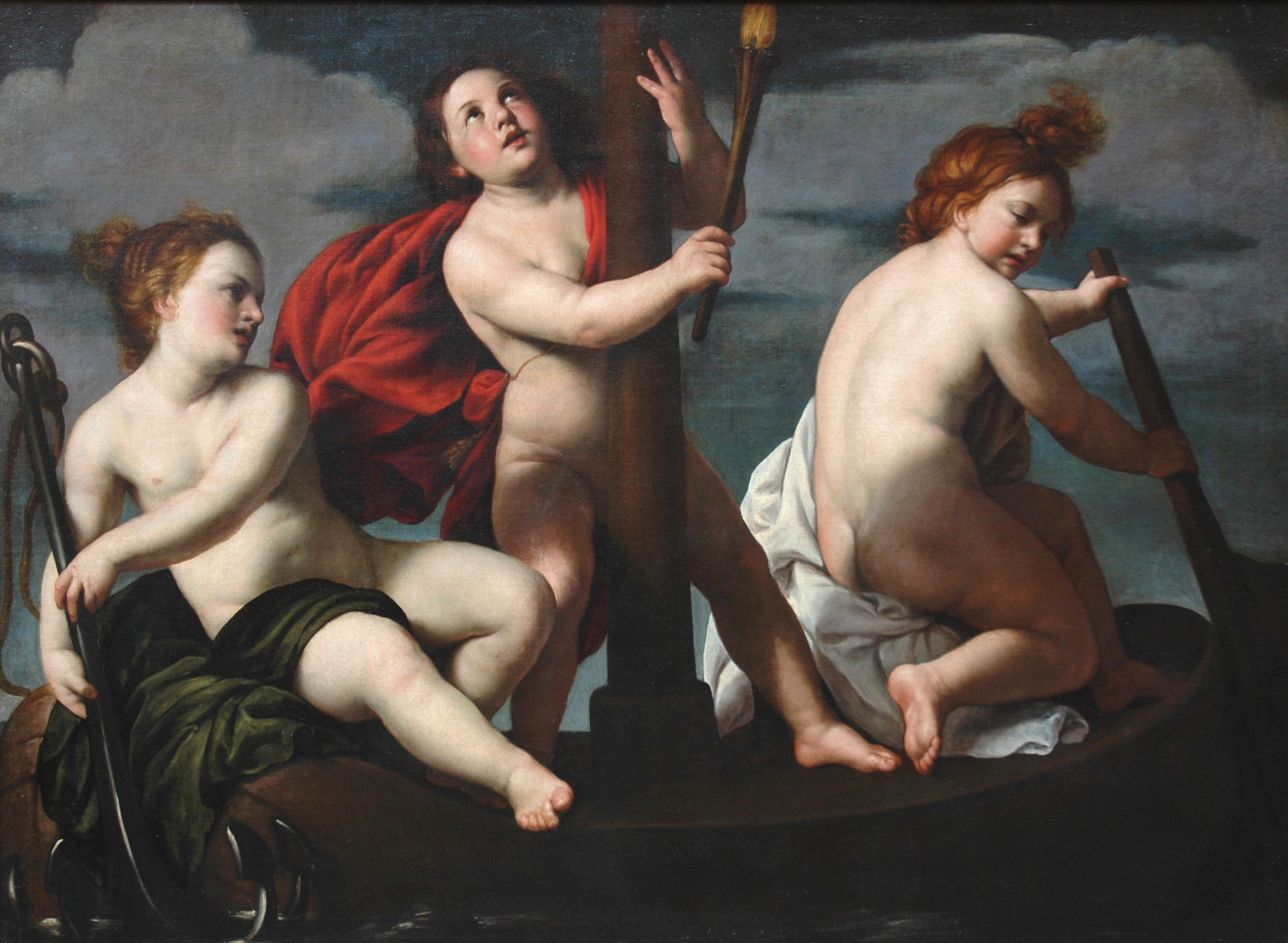 Alessandro Turchi, detto l’Orbetto (Verona 1578 – Roma 1649) Tre putti in una barca nelle vesti di Virtù Teologali 1625 circa olio su tela, cm 128 x 174 Robilant+Voena