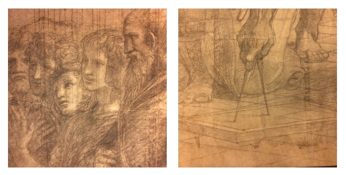 Raffaello Sanzio, Scuola di Atene (particolari), cartone, carboncino e biacca bianca, Milano, Pinacoteca Ambrosiana. © Mostre-Rò